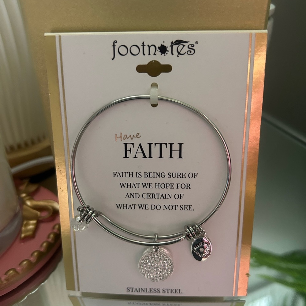 Footnotes "Have Faith" Stainless Steel Charm Bangle - Silver
